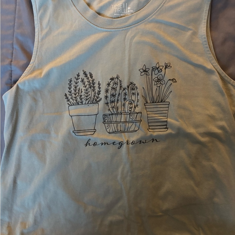 Time and Tru Sage Green Tank with Botanical Design